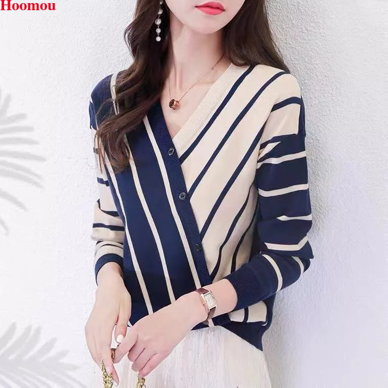 Women Korean Knit Striped V-neck Pullover Sweater Knitwear Tops Blouse Shirts