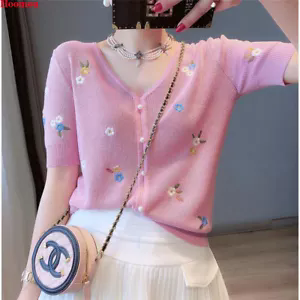 Women Summer Knit Top Embroidered Flower V-neck Beaded Pullover Shirt Blouse
